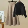 black-sweater-khaki-skirt-two-piece-set