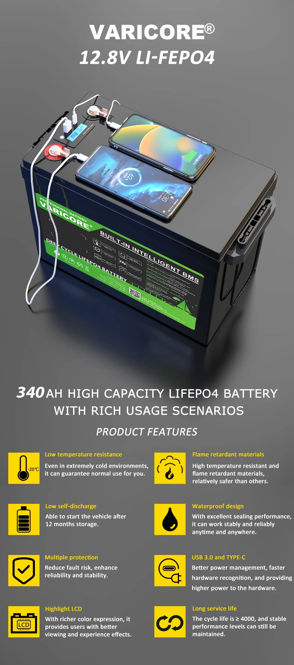 VariCore 12.8V 340ah 310ah 120AH LiFePO4 Battery 12V Lithium Iron Phosphate Batteries Cycles Touring car 14.6V Charger Tax Free 7 kf Sa96e60a5b18a4a36ad84e4858c9bb425u