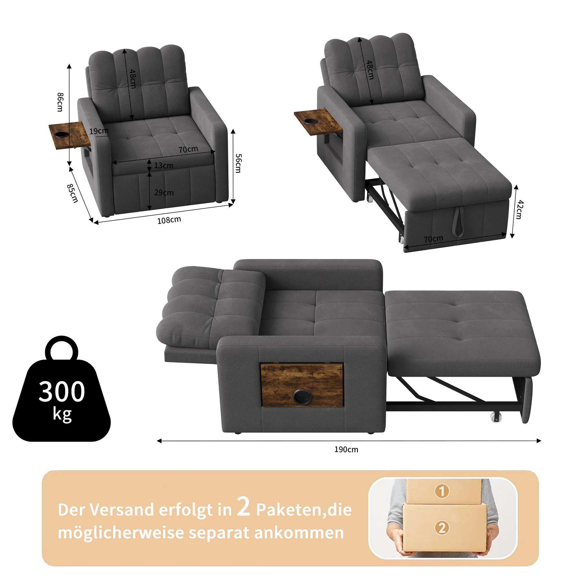 Rosahqnda Folding Sofa Bed,Sleeping Chair with Adjustable Backrest&table&Side Pocket,Relaxing Chair for Living Room,Bedroom 8 kf Sa9aef88c097f4685b35897ebb6d97141E