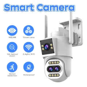 Jooan 5K 4K HD Wifi PTZ Camera Outdoor Three Lens Dual Screen 10X Zoom Auto Tracking Security IP Camera CCTV Video Surveillance
