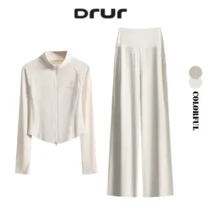 DRUR Elegant Yoga Set With 2 Piece Long Sleeve Sports Jacket and Wide Leg Pants Travel Airport Outfit Matching Sets Streetwear