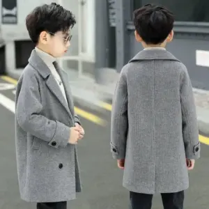 Boys' Wool Blend Coat - Autumn Winter Velvet-Lined Windbreaker, Thick Trendy Outerwear for Mid to Large Kids