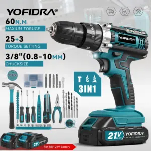 YOFIDRA 60N.M Electric Impact Drill 25+3 Torque Cordless Electric Screwdriver With 32/53PCS Tool Kit Power Tool For 21V Battery
