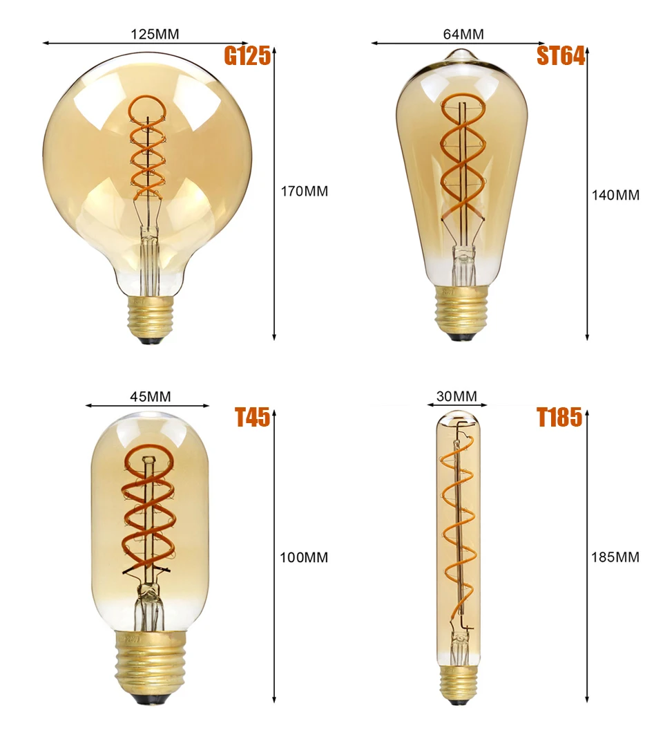 E27 LED Filament Light Bulb 220V 4W A60 ST64 T45 T185 G80 G95 G125 Retro Vintage ampoules LED Edison Lamp Spiral Bulb For Home 10 kf Sb0b282e826e64cf3b90dbe82d7af3c19O