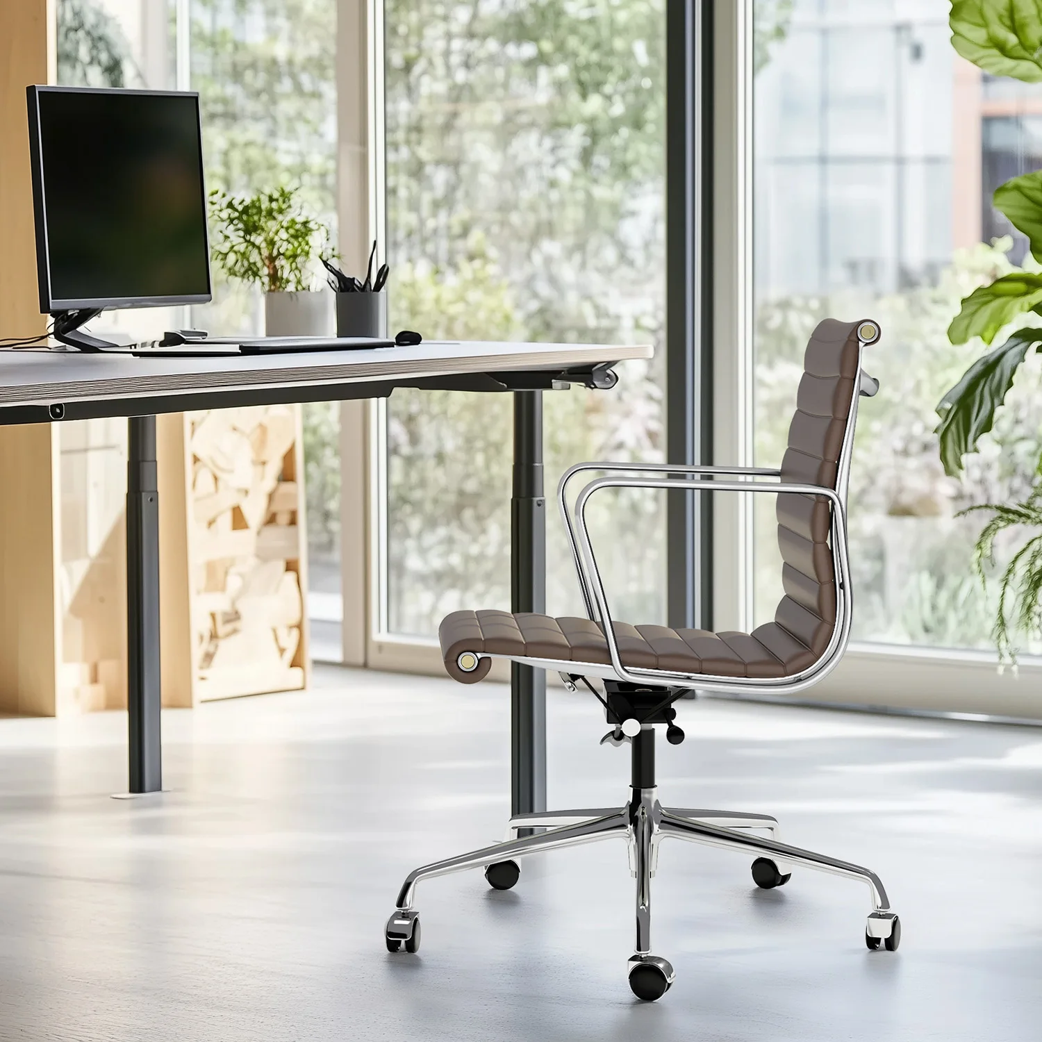 Ribbed Office Chair Ergonomic Office Chair Brown Genuine Leather Swivel Chairs Adjustable Swivel Computer Desk Gaming Chair 13 kf Sb11699180d694ef19b7ec1f4c4468b48F