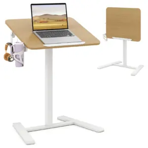 Side Table Height Adjustable with Hidden Wheels, Standing Table with 90° Tilting Table Top, Hook and Cup Holder, Standing Desk