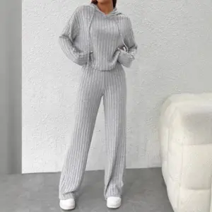 Hooded Top Pants 2-piece Set Fashionable Long-sleeved For Women Autumn Winter Solid Color Loose Knitted Sweatshirt Suit Female