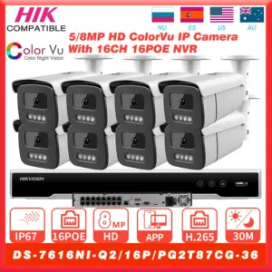 Hikvision Compatible 8PCS 8MP ColorVu Night POE Security IP Camera Built-in Mic Surveillance Hik-Protocol With 16CH 16POE NVR