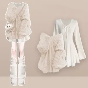 Women's 2025 Winter New Fashion Knitted Sweater Midi Skirt Matching Set Korean Elegant Pullover+Long-sleeve Dress Two Piece Suit