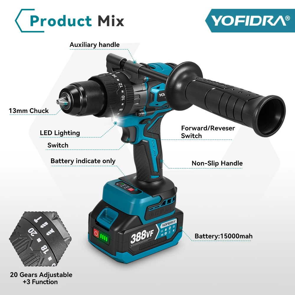 YOFIDRA 900N.M Brushless Electric Impact Drill 13mm Cordless Screwdriver Driver Wood Power Tool for Makita 18V Battery Pin 12 kf Sbad27cfc66734362a52cb4728ed8e6f6J