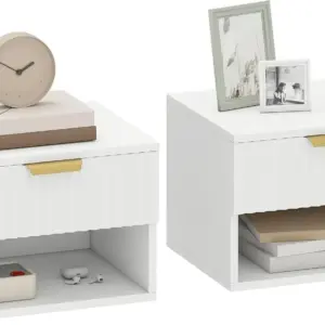 Floating Nightstands Set of 2, Modern Wall Mounted Bedside Tables with Fluted Drawer and Open Shelf for Bedroom, White
