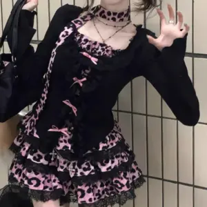 New Autumn Sweet Leopard Women 2 Piece Sets Y2k Pink Long Sleeve Tops + Short Puff Dress Fashion Vintage Korean Popular Clothes