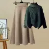 dark-green-sweater-khaki-skirt-two-piece-set