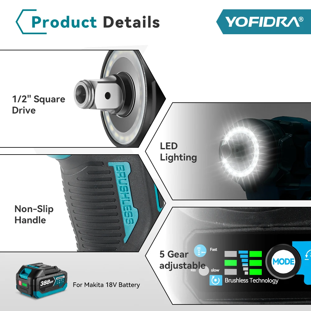 YOFIDRA Brushless 1200N.M Torque Electric Impact Wrench Cordless Electric Screwdriver Power Tools For Makita 18V Battery Pin 17 kf Sc07a62e961f245ec82d534f4cfaa7387y