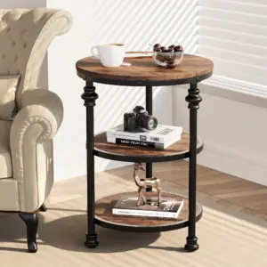 3-Tier Round Side Table End Table Living Room Accent Table with Storage Shelf and Metal Industrial Wood Night Stand Small Spaces