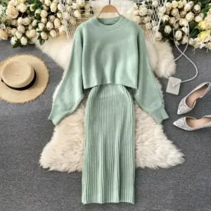 Elegant Loose-Fit Half Polo Turtle Neck Sweater Dress Set Autumn/Winter Fashionable V-Neck Cover Up 2-Piece Set With Batwing Sle