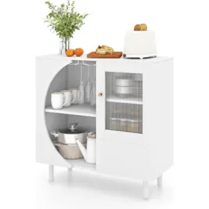 Kitchen storage cabinet with corrugated glass doors, open shelves, metal dining legs, 80x30x80 cm