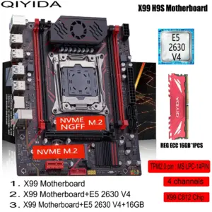 QIYIDA X99 H9S Motherboard Set Kit With LGA2011-3 Xeon E5 2630 V4 CPU DDR4 16GB REG ECC memory NVME M.2 TPM 2.0 Interface SATA3