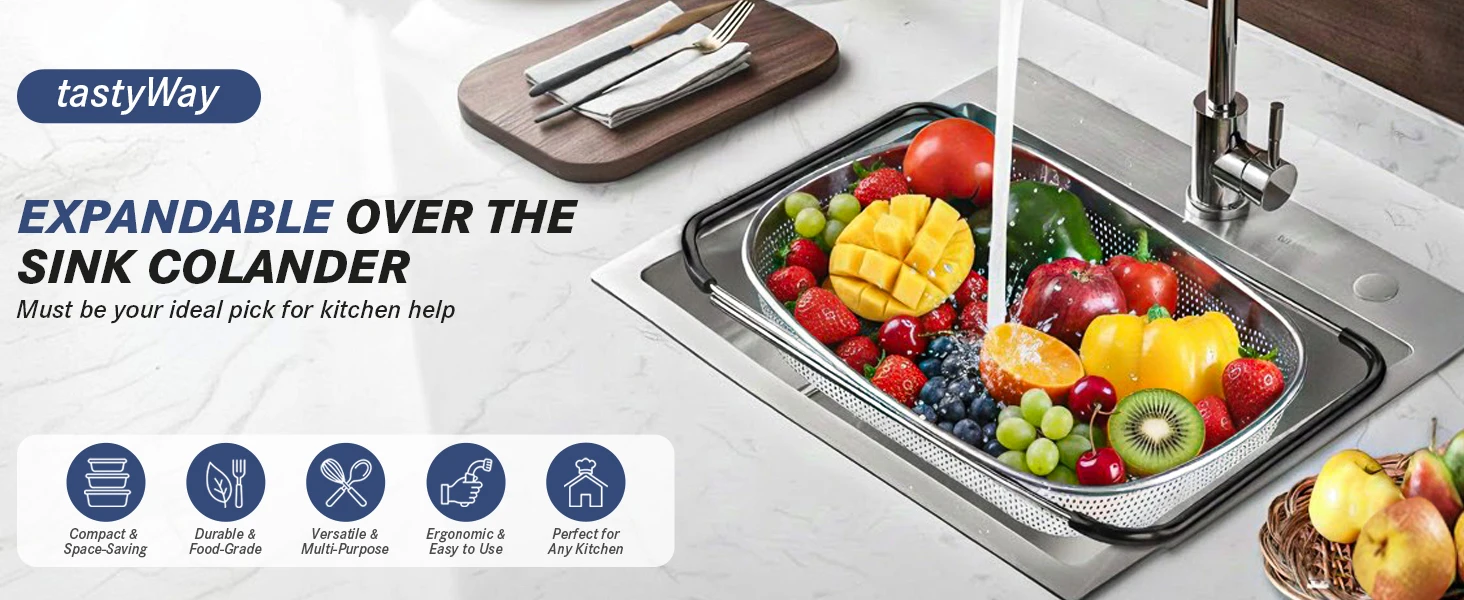 tastyWay Set Stainless Steel Over Sink Colander with Telescopic Handle - Metal Mesh Strainer Basket for Washing Fruits & Vegeta 7 kf Scb4ba7f995124827bf84a5a195decdef0