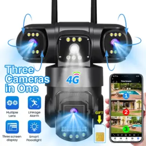 4G Camera With Sim Card 12MP 6K Three Lens Three Screen Monitor Night Vision Security Protection V380 Pro PTZ Video Surveillance
