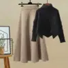 black-sweater-khaki-skirt-two-piece-set