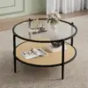 78cm Round Rattan Coffee Table 2-Tier Storage Center Table with Tempered Water-Wave Glass Top for Living Room Bedroom