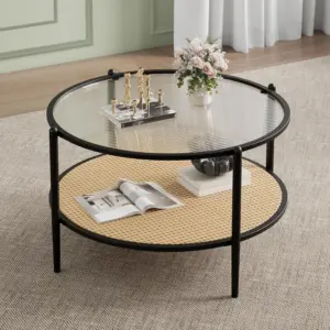 78cm Round Rattan Coffee Table 2-Tier Storage Center Table with Tempered Water-Wave Glass Top for Living Room Bedroom