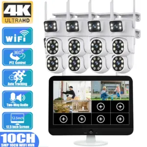 CCTV Security 8MP Dual Lens PTZ Camera 10CH 12.5"Inch LCD Screen Monitor Wifi NVR Kit Wireless Home 4K Security Camera System