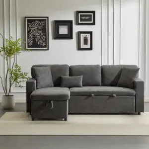 Corner sofa bed corner couch L-shaped sofa bed extendable, bed box and integrated shelf, dark grey