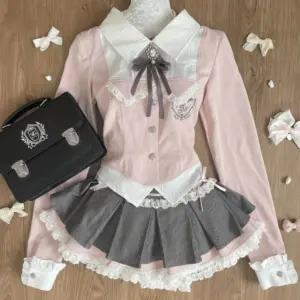 Spring Y2K Princess Outfits Women 2 Piece Sets Sweet Kawaii Bow Tops + Lace Pleated Skirt Female Retro Chic Preppy Style Clothes