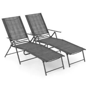 Patio Folding Chaise Lounge Chairs, 2 Piece Outdoor Recliner w/ 6-Level Backrest, Breathable Seat Fabric & Solid Metal Frame