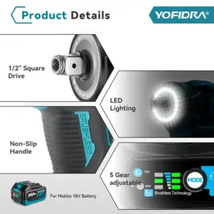 YOFIDRA Brushless 1200N.M Torque Electric Impact Wrench Cordless Electric Screwdriver Power Tools For Makita 18V Battery Pin 6 kf Sd58cf69027794220bce1c40e3b780d78O