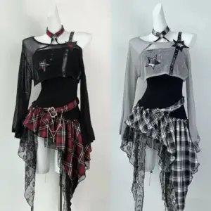 Harajuku American Vintage 2 Piece Set Women Black Y2k Crop Top Blouse + Irregular Dress Korean Fashion Retro Suits Slim Gothic