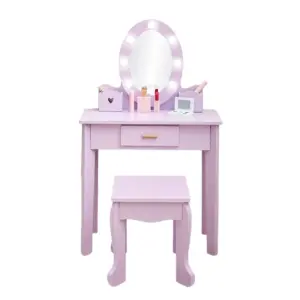 Children Vanity Table With Chair Kids Makeup Dressing Table with Lights Mirror and Drawer Kids Vanity Set for Girl Kids Room
