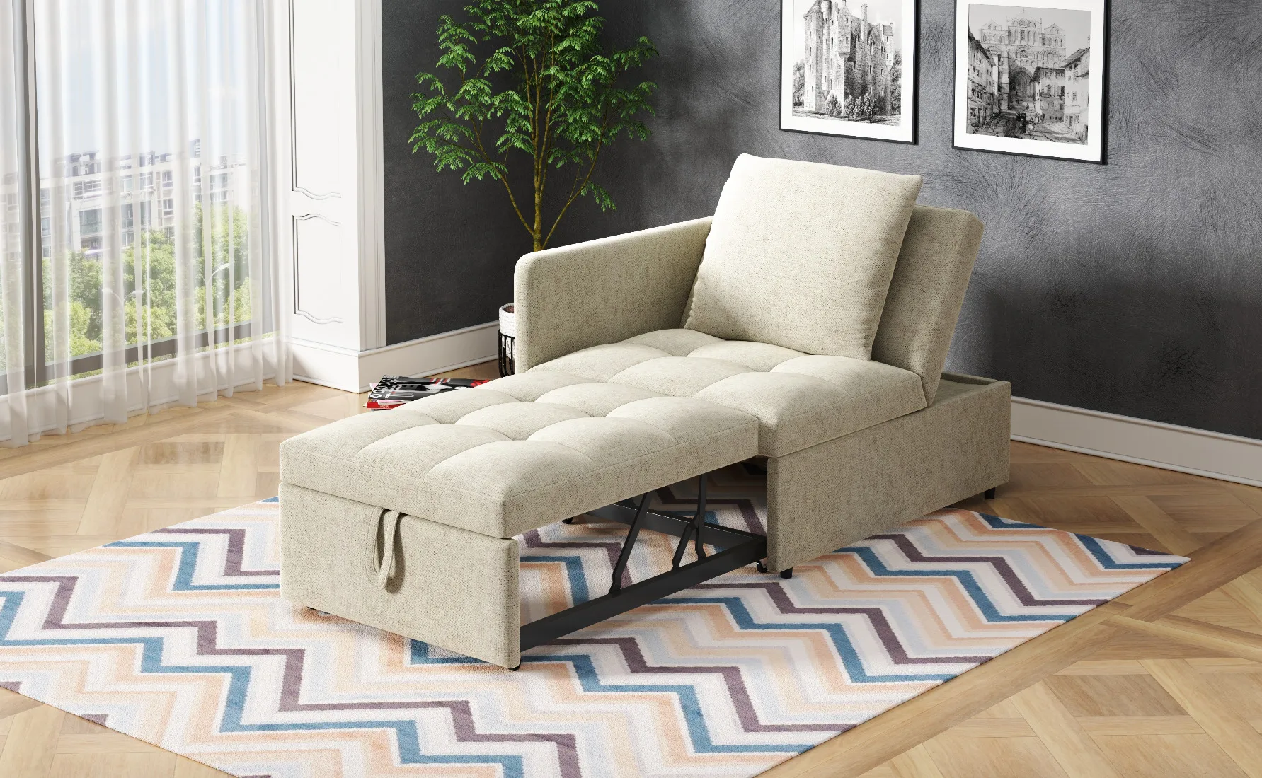 Upholstered Bed, 3-in-1 Sofa Bed, Multifunctional Sofa Bed, Linen Fabric Sofa w/ Adjustable Backrest, Daybed for Small Spaces 14 kf Sd98ea94725384268b991444edfa30d93u