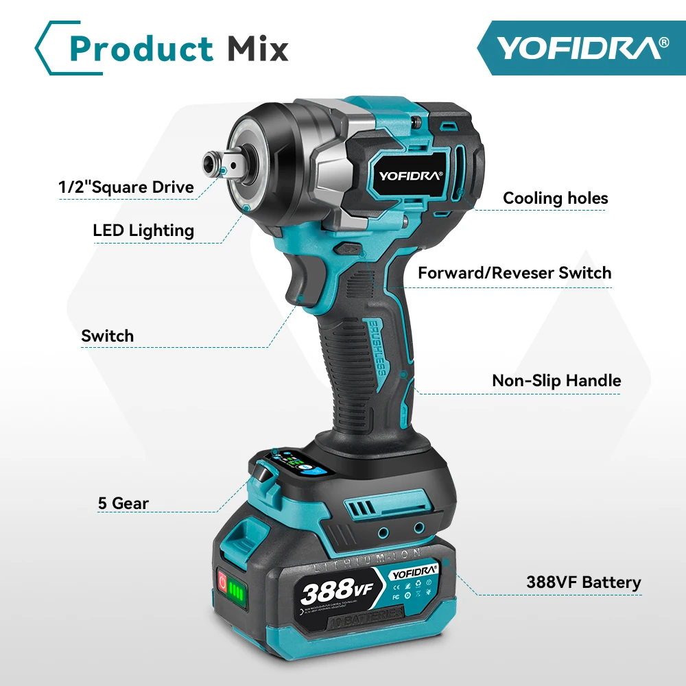 YOFIDRA Brushless 1200N.M Torque Electric Impact Wrench Cordless Electric Screwdriver Power Tools For Makita 18V Battery Pin 11 kf Sda020aa112f64f2889eabb9b5e491f18U