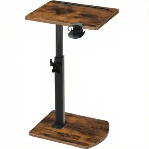 Vintage Brown C-Shaped Side Table – Height-Adjustable 360° Rotating Sofa Desk with Cup Holder & Tablet Slot