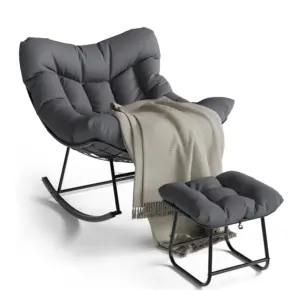 Outdoor Rocking Chair with Footstool Modern Lounge Chair with E-Coating & Comfort Cushion Garden Rocking Chair for Balcony Patio