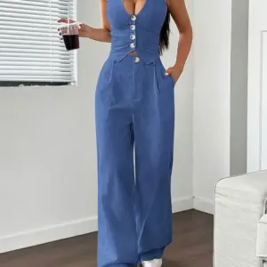 New Large Size French Elegant Sleeveless Suit Solid Halter Neck Suspender Button Top Loose Pants Casual Office Women's Clothing