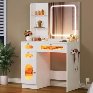 Toaletka oświetleniem LED, toaletka 3 sufladami, komoda 2 półkami, regulowana jasność 3 poiomami oświetlenia, biała