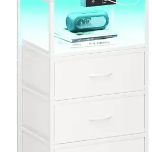 Stolik nocny biały, stolik nocny z gniazdkiem i 2 taśmami USB i diodami LED, z 3 szufladami z materiału i 1 miejscem d