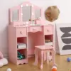 Children's Dressing Table Girls Vanity with Tri-Folding Mirror Open Storage Shelves Makeup Playset with Chair for Toddlers Kids