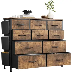 10-Drawer Fabric Dresser with Side Pockets, Storage Organizer with Wood Top, Chest of Drawers for Bedroom, Closet, Living Room