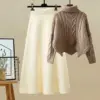 khaki-sweater-apricot-skirt-two-piece-set