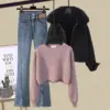 black-coat-pink-sweater-blue-jeans