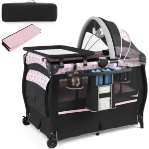 5-in-1 Travel Cot with Mattress,with Adjustable Canopy,with Changing Mat,Music Box & Carry Bag,up to 15 kg Load Capacity