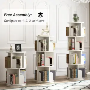 Wood Rotating Bookshelf 360 Display 4 Tier Corner Book Shelf Organizer Floor Standing Storage Bookcase for Bedroom Living Room