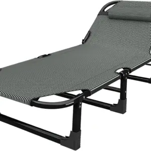 Camping Cot with Thicker Mattress, Portable Bed with Pillow, Adjustable 4-Position Reclining Folding Chaise Lounge Chair