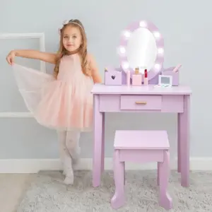 Vanity Table & Chair Set with Lighted Mirror – Wooden Princess Makeup Dressing Table with Stool Girls Pretend Play Furniture