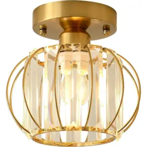 Crystal Ceiling Lamp,E27 Mini Ceiling Lamp Metal Ceiling Lighting Semi Recessed Indoor Lighting (Gold,Bulb not included)